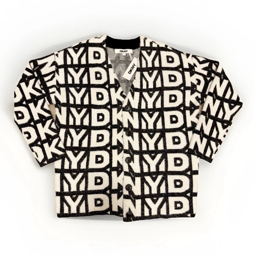 NWT DKNY Women’s Long Sleeve Black And White Logo Cardigan - SIZE M
